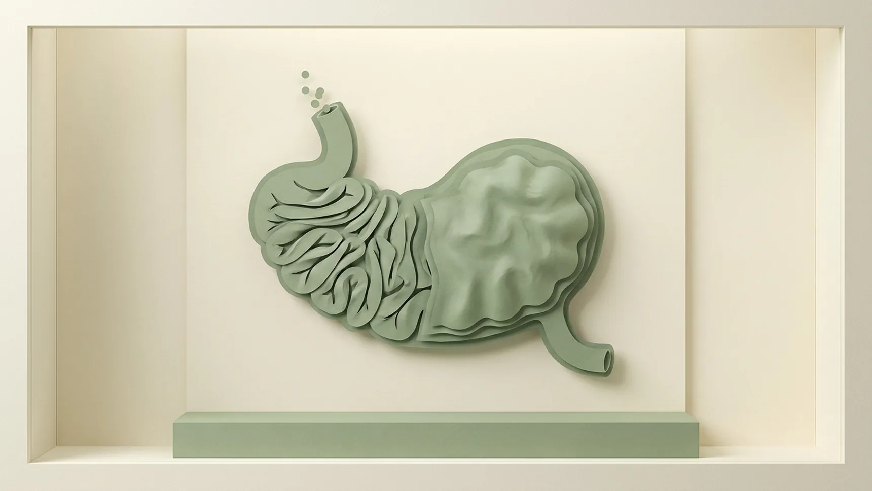 명치 아래 위장을 그린 종이 그림 — 작게 오그라들었던 위가 따뜻하게 풀리며 다시 음식을 받아들이는 모습